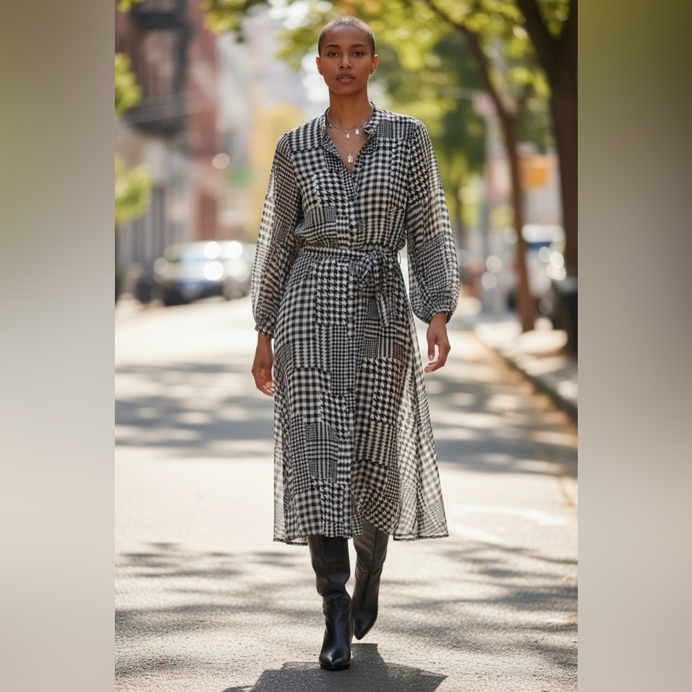 NWOT - Ann Taylor Dress - Black and White Plaid, Midi, Long-sleeve, XL